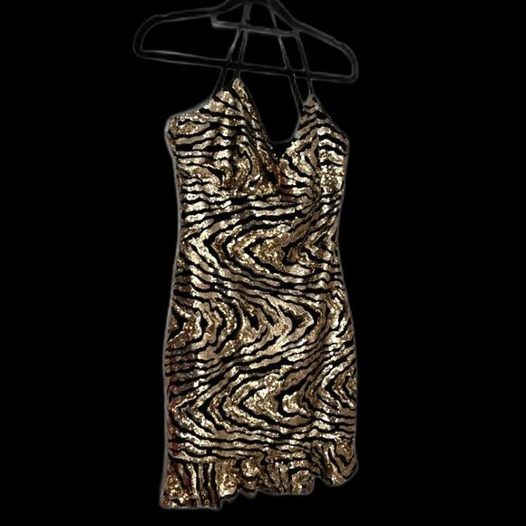 Bebe Black with Swirling Gold Sequins Spaghetti Strap Evening Dress S - Picture 1 of 7